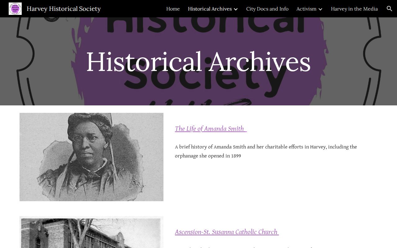 Harvey Historical Society archive topics for homes people schools and businesses