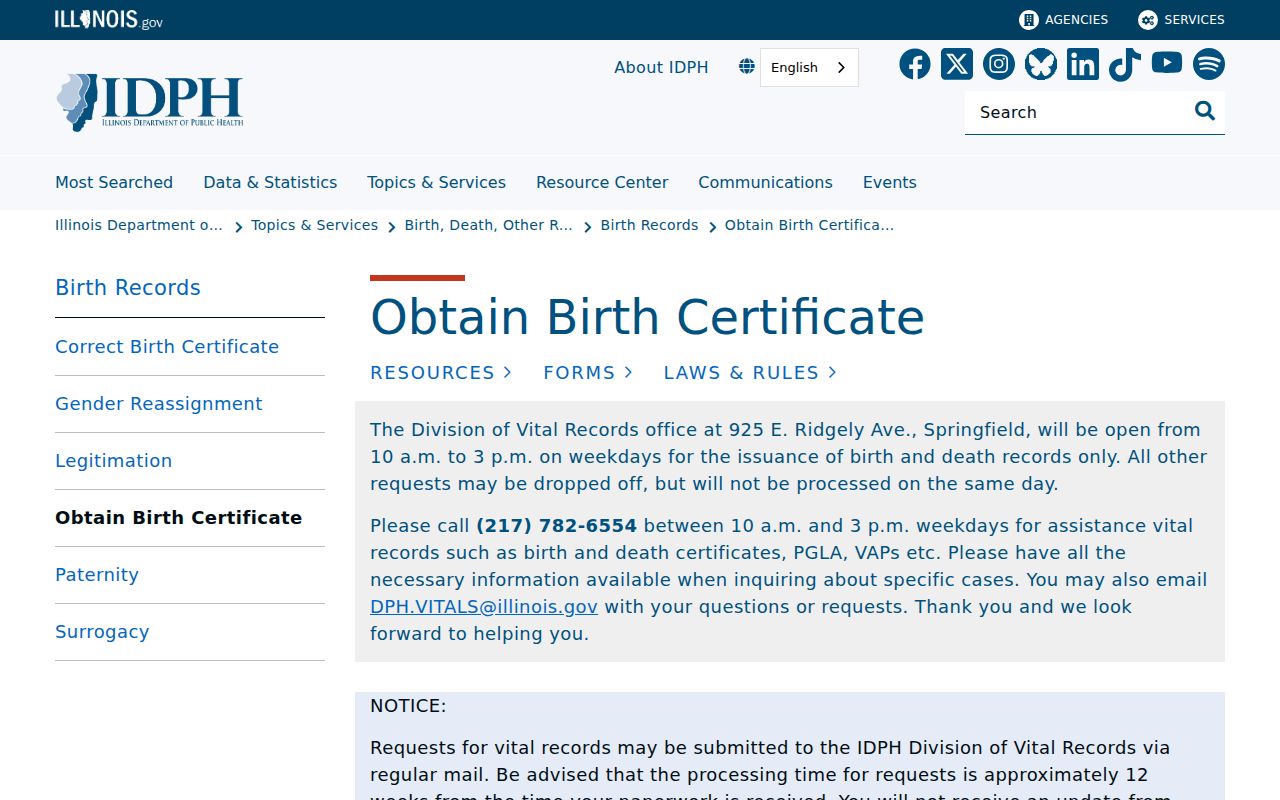 Illinois birth certificate request information for Harvey family research