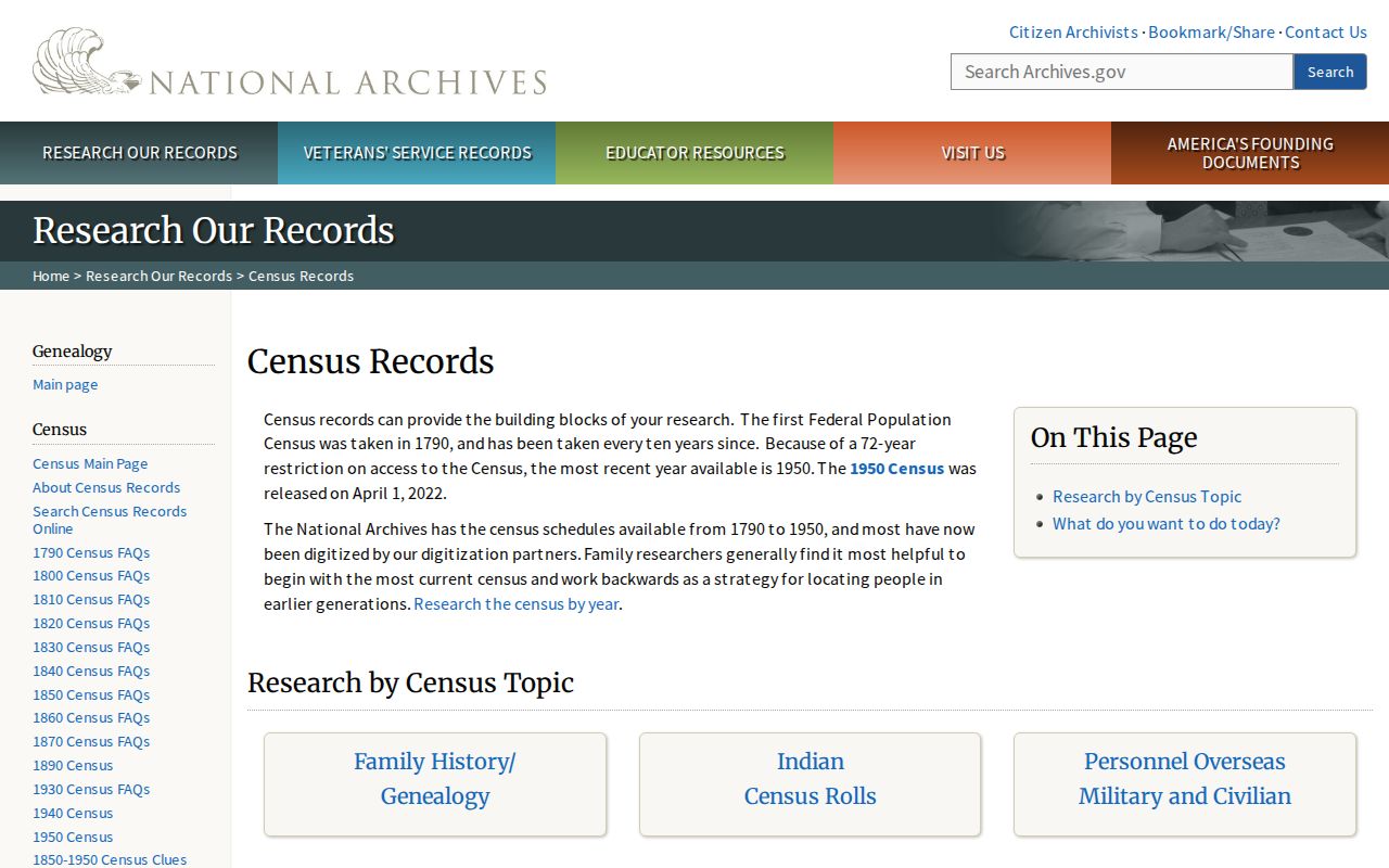 Harvey previous residents National Archives census research page