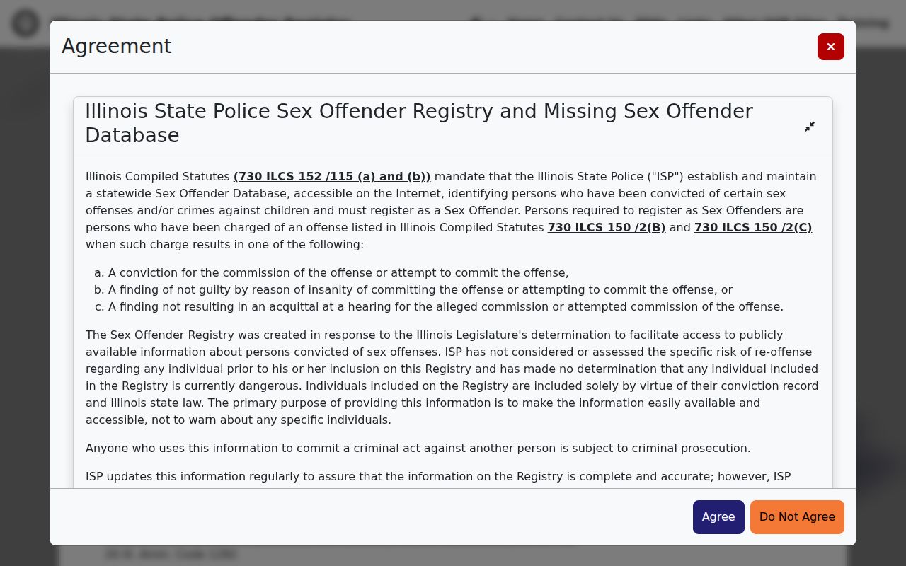 Illinois State Police official registry disclaimer and search entry for Harvey