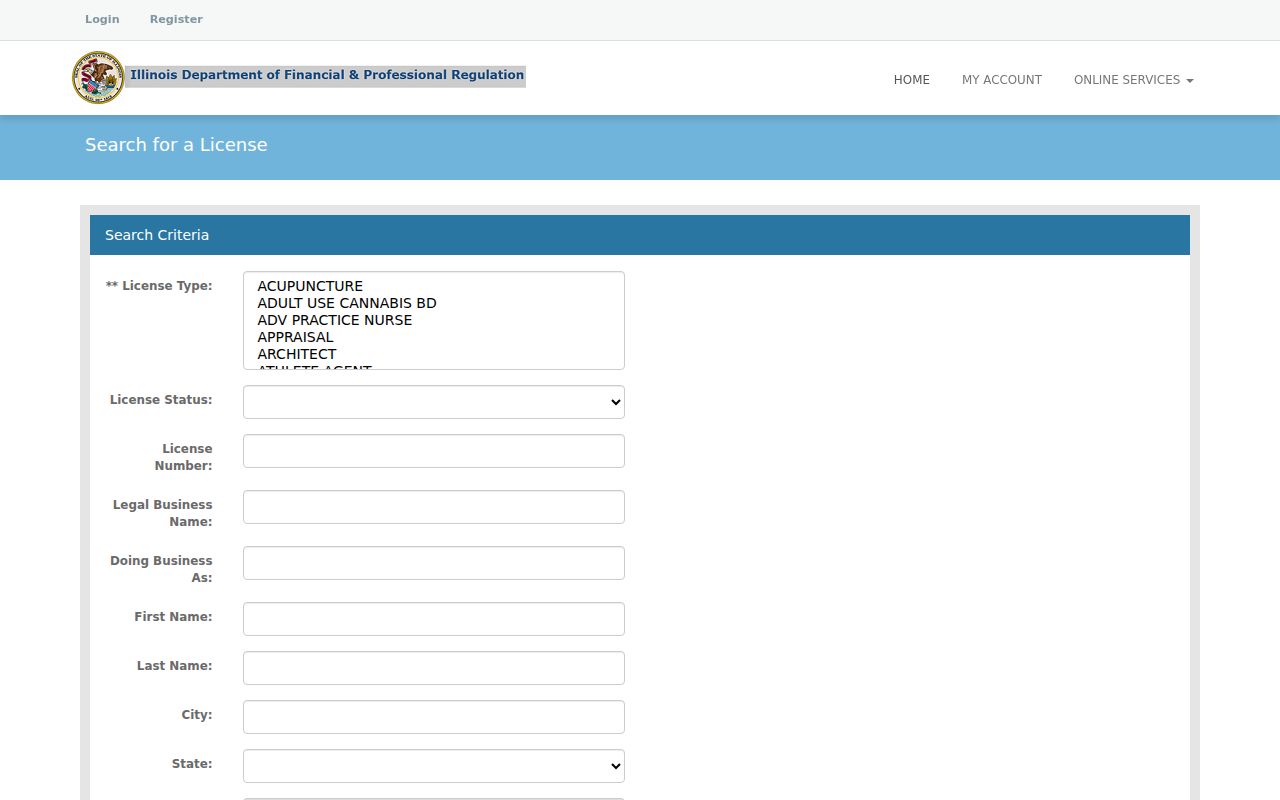 Illinois IDFPR professional license lookup fields used to verify a Harvey name